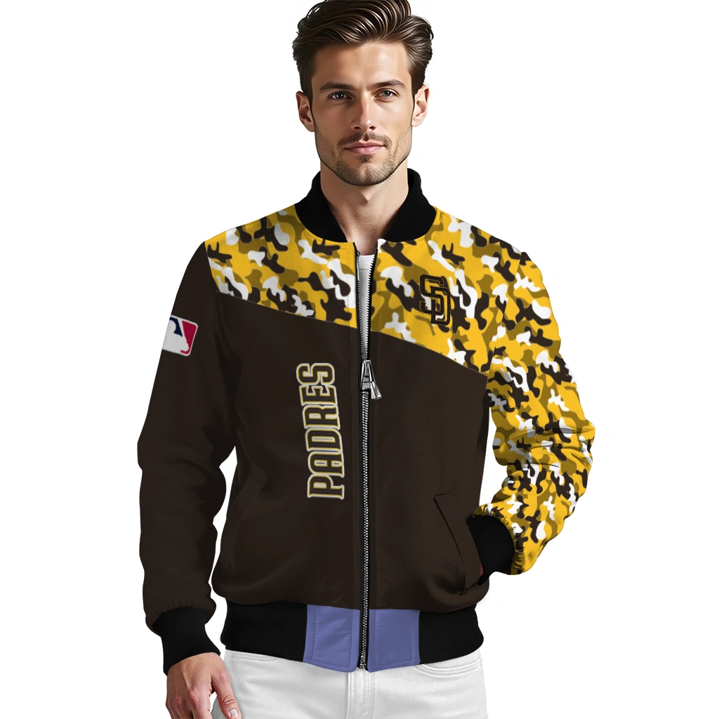 personalized san diego padres camouflage print brown bomber jacket high quality personalized san diego padres camouflage print brown bomber jacket high quality