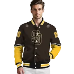 personalized san diego padres chevron style brown varsity jacket best selling