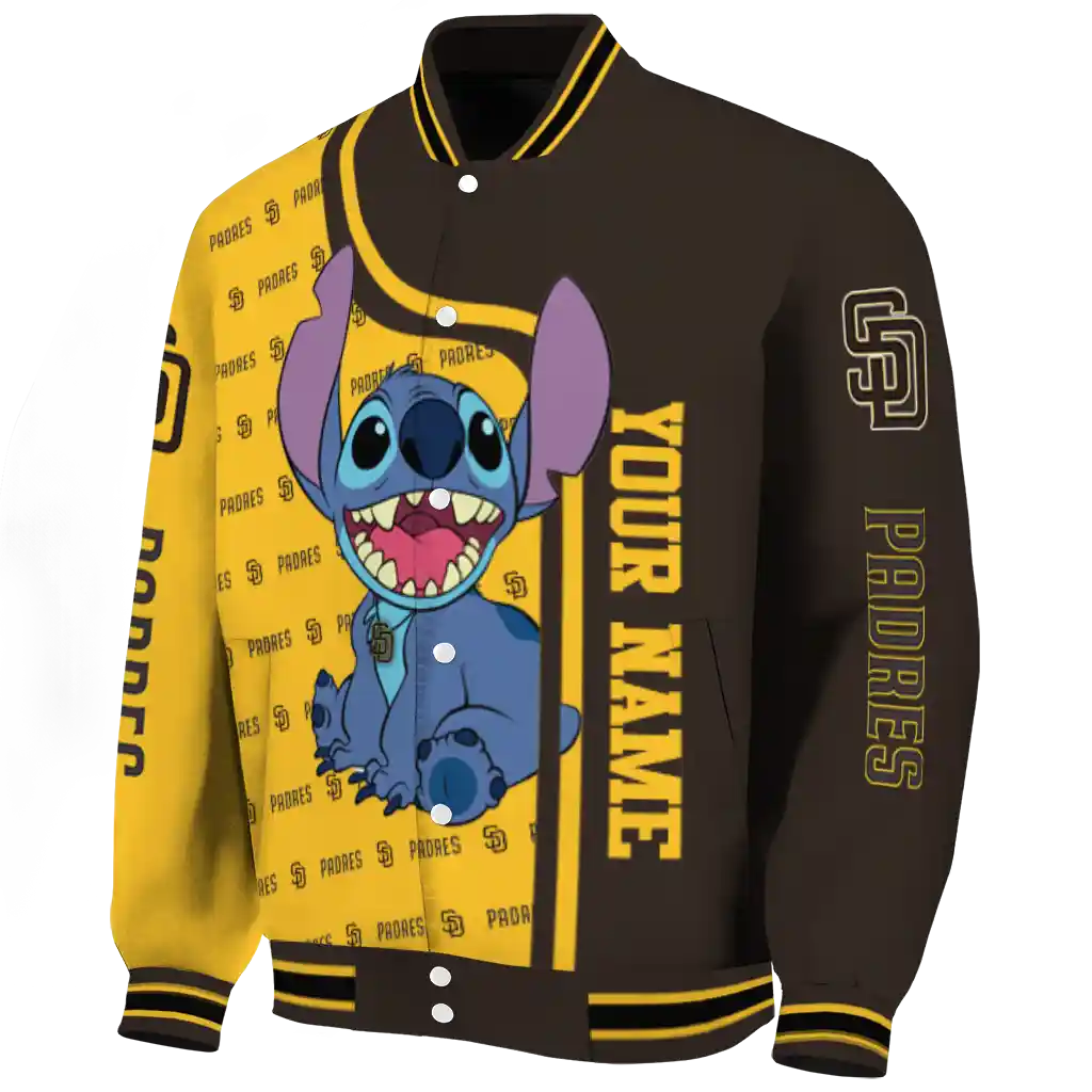 personalized san diego padres stitch laughing brown varsity jacket best selling personalized san diego padres stitch laughing brown varsity jacket best selling