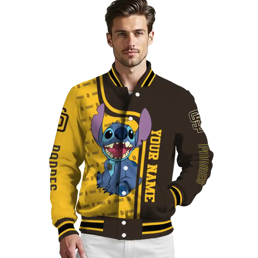 personalized san diego padres stitch laughing brown varsity jacket high quality personalized san diego padres stitch laughing brown varsity jacket high quality