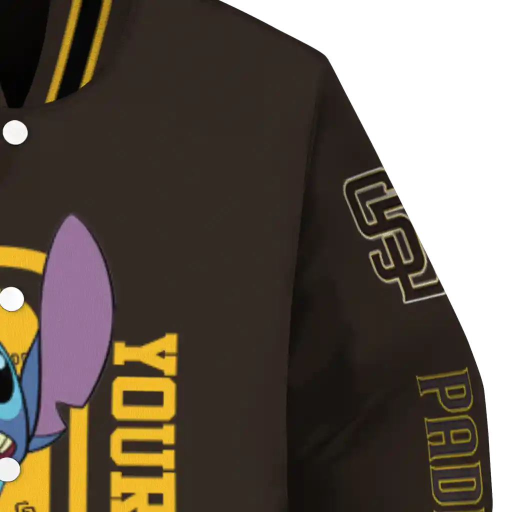 personalized san diego padres stitch laughing brown varsity jacket premium grade personalized san diego padres stitch laughing brown varsity jacket premium grade