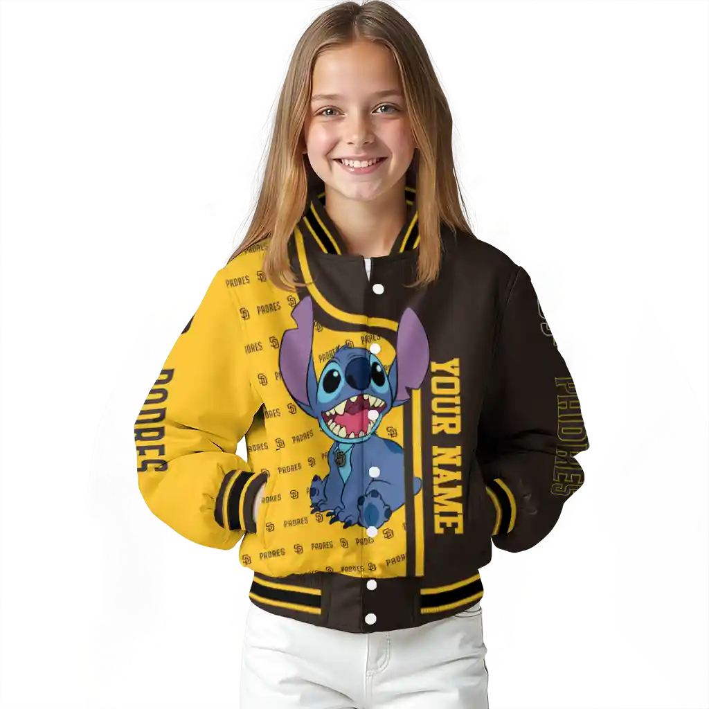 personalized san diego padres stitch laughing brown varsity jacket top rated personalized san diego padres stitch laughing brown varsity jacket top rated