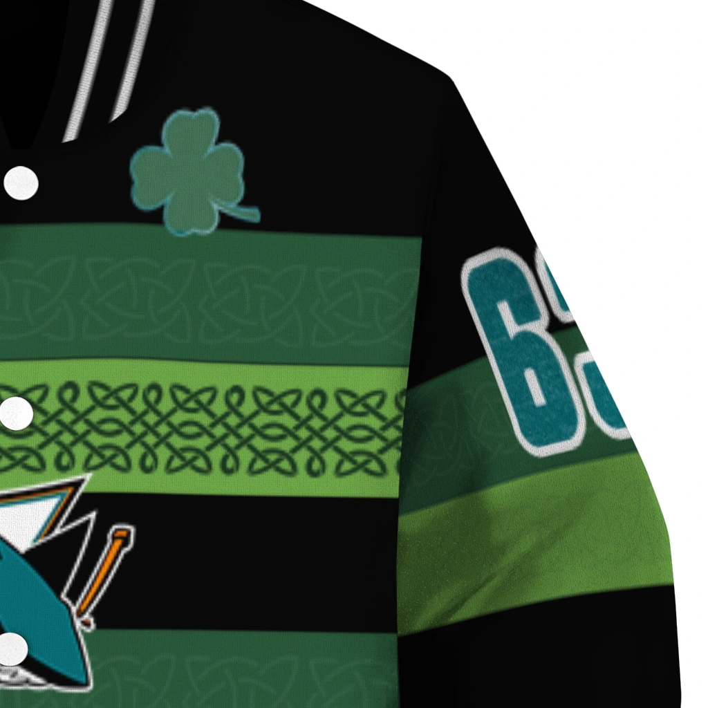personalized san jose sharks clover green lines green black varsity jacket premium grade personalized san jose sharks clover green lines green black varsity jacket premium grade