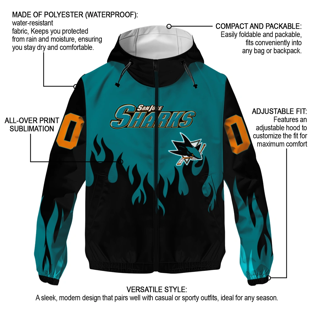 personalized san jose sharks flame trim teal black windbreaker jacket new arrival personalized san jose sharks flame trim teal black windbreaker jacket new arrival
