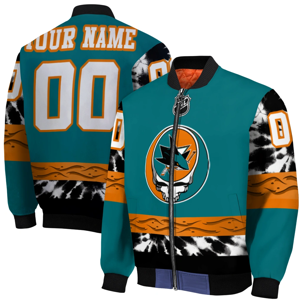 personalized san jose sharks skull stripe teal black bomber jacket best selling personalized san jose sharks skull stripe teal black bomber jacket best selling