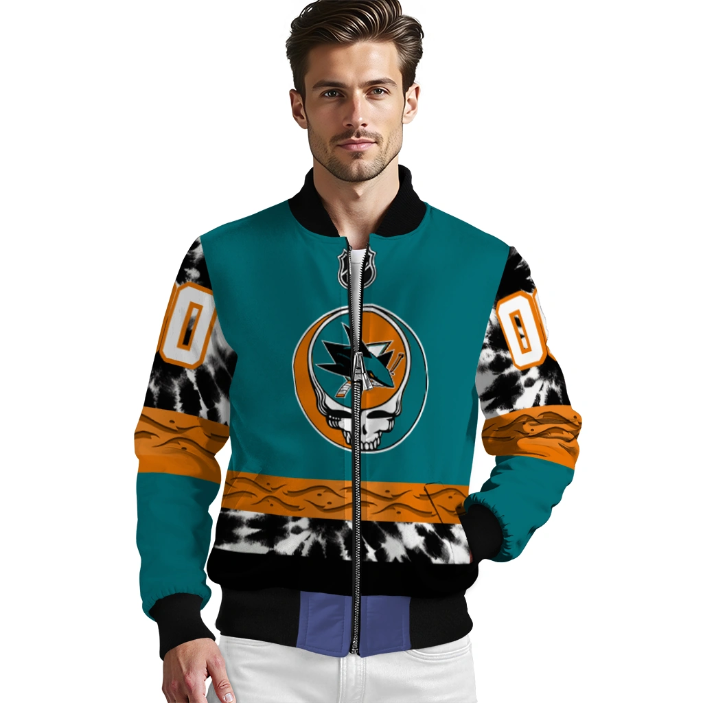 personalized san jose sharks skull stripe teal black bomber jacket high quality personalized san jose sharks skull stripe teal black bomber jacket high quality
