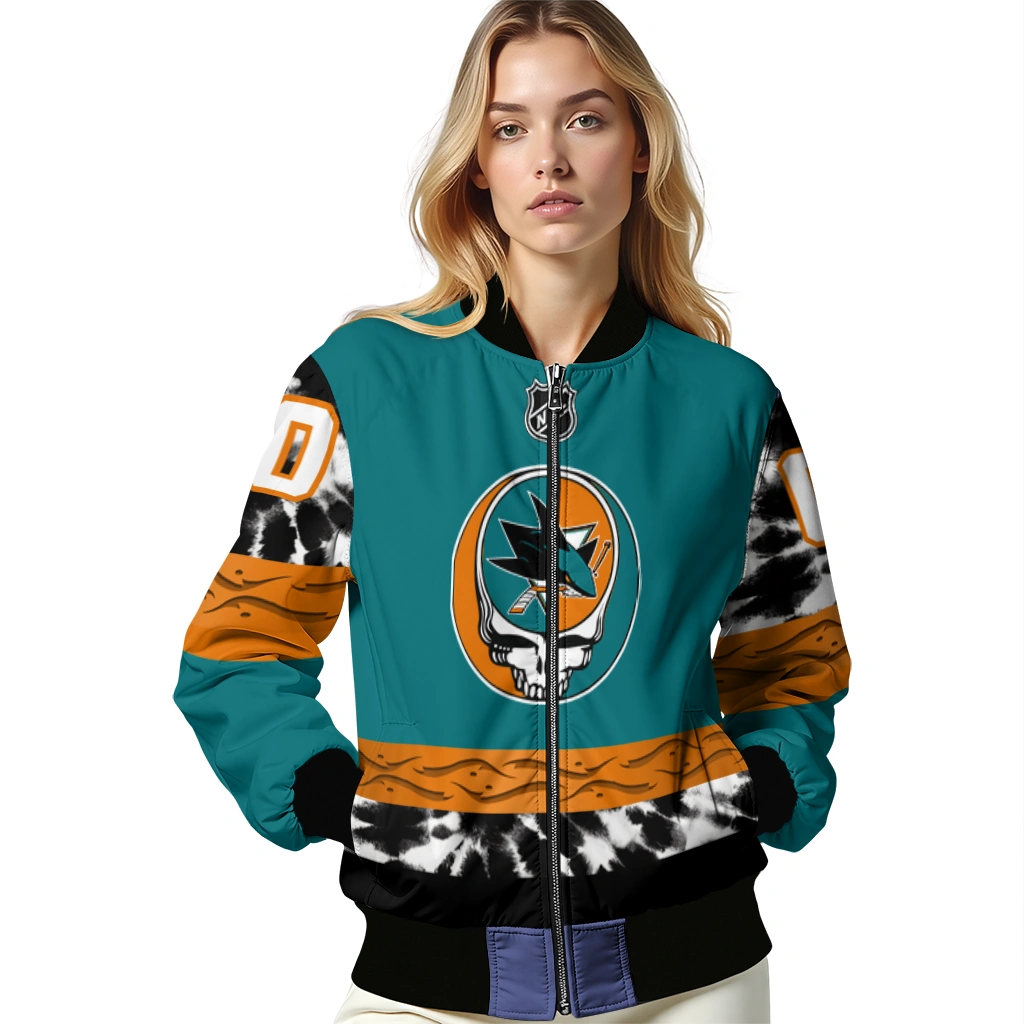 personalized san jose sharks skull stripe teal black bomber jacket latest model personalized san jose sharks skull stripe teal black bomber jacket latest model