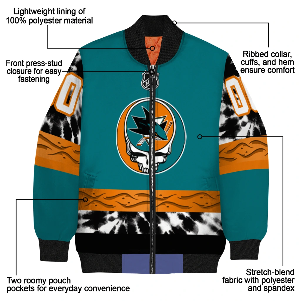 personalized san jose sharks skull stripe teal black bomber jacket new arrival personalized san jose sharks skull stripe teal black bomber jacket new arrival