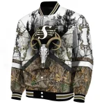 personalized saskatchewan roughriders deer skull camouflage white varsity jacket best selling