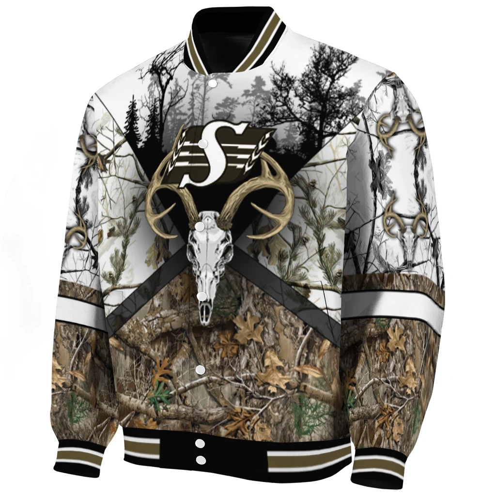 personalized saskatchewan roughriders deer skull camouflage white varsity jacket best selling personalized saskatchewan roughriders deer skull camouflage white varsity jacket best selling