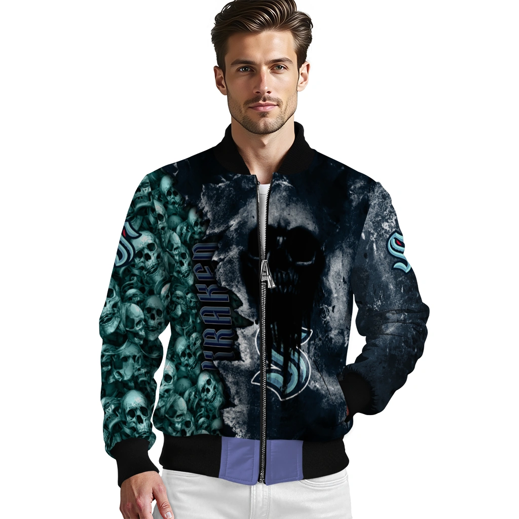 personalized seattle kraken skull cluster blue bomber jacket high quality personalized seattle kraken skull cluster blue bomber jacket high quality