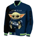 personalized seattle seahawks adorable yoda blue black varsity jacket best selling