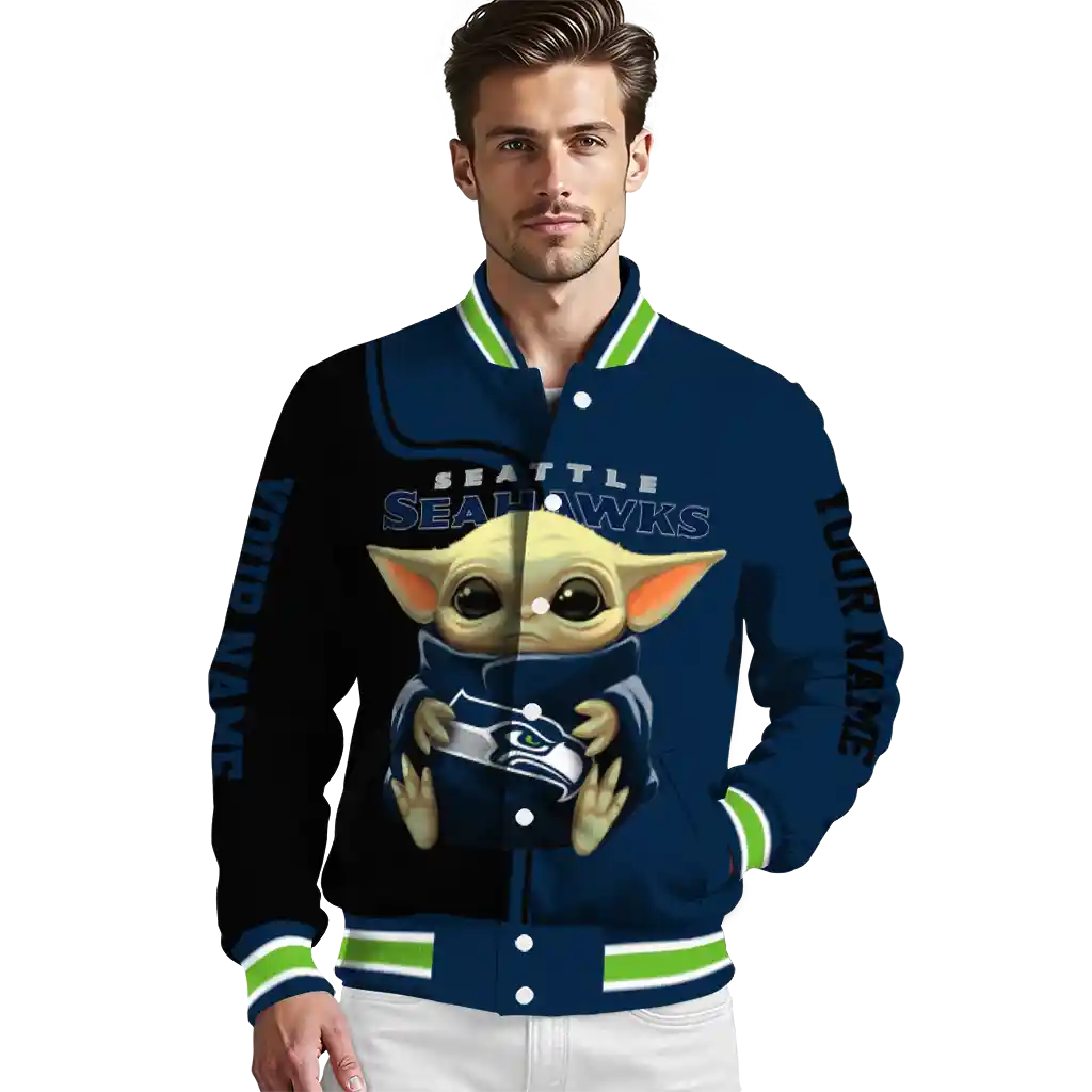 personalized seattle seahawks adorable yoda blue black varsity jacket high quality personalized seattle seahawks adorable yoda blue black varsity jacket high quality