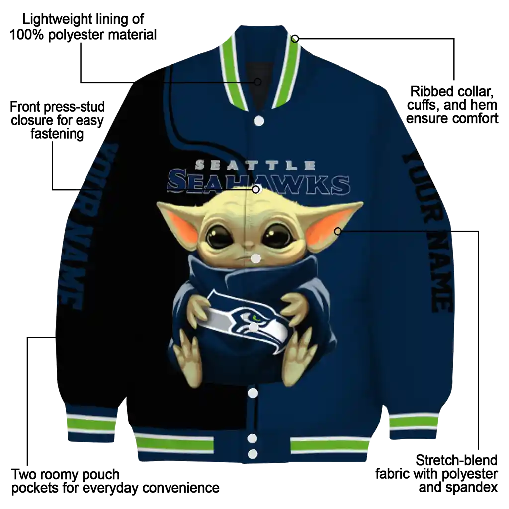 personalized seattle seahawks adorable yoda blue black varsity jacket new arrival personalized seattle seahawks adorable yoda blue black varsity jacket new arrival
