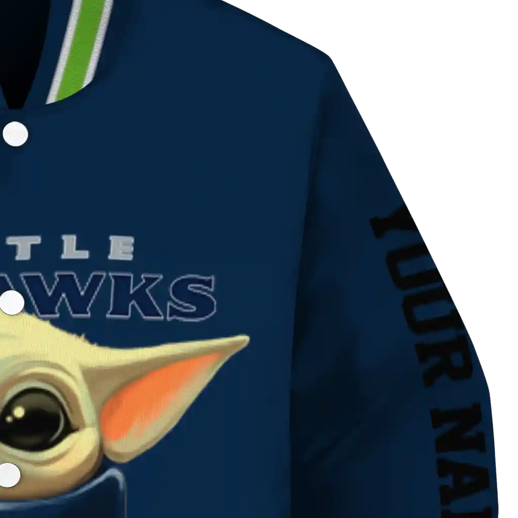 personalized seattle seahawks adorable yoda blue black varsity jacket premium grade personalized seattle seahawks adorable yoda blue black varsity jacket premium grade