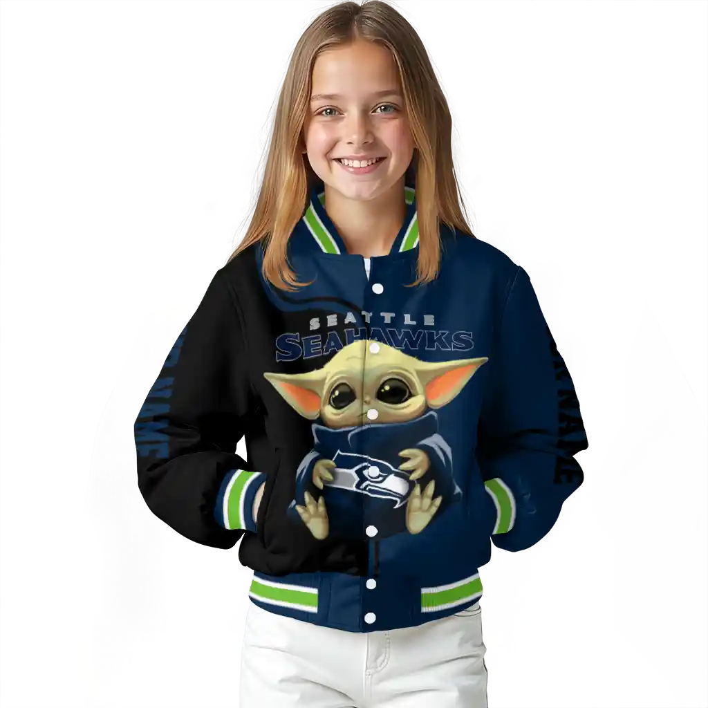 personalized seattle seahawks adorable yoda blue black varsity jacket top rated personalized seattle seahawks adorable yoda blue black varsity jacket top rated