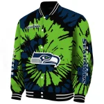 personalized seattle seahawks burst splatter blue varsity jacket best selling