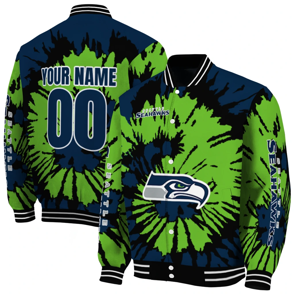 personalized seattle seahawks burst splatter blue varsity jacket fashion forward personalized seattle seahawks burst splatter blue varsity jacket fashion forward