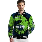 personalized seattle seahawks burst splatter blue varsity jacket best selling