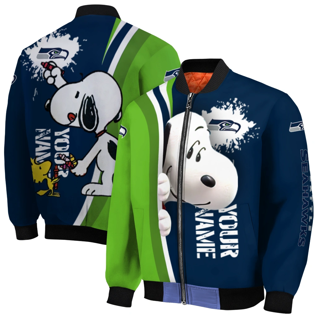 personalized seattle seahawks snoopy head blue bomber jacket best selling personalized seattle seahawks snoopy head blue bomber jacket best selling