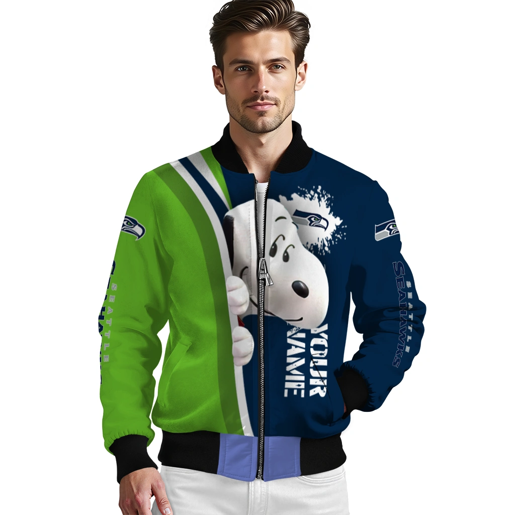 personalized seattle seahawks snoopy head blue bomber jacket high quality personalized seattle seahawks snoopy head blue bomber jacket high quality