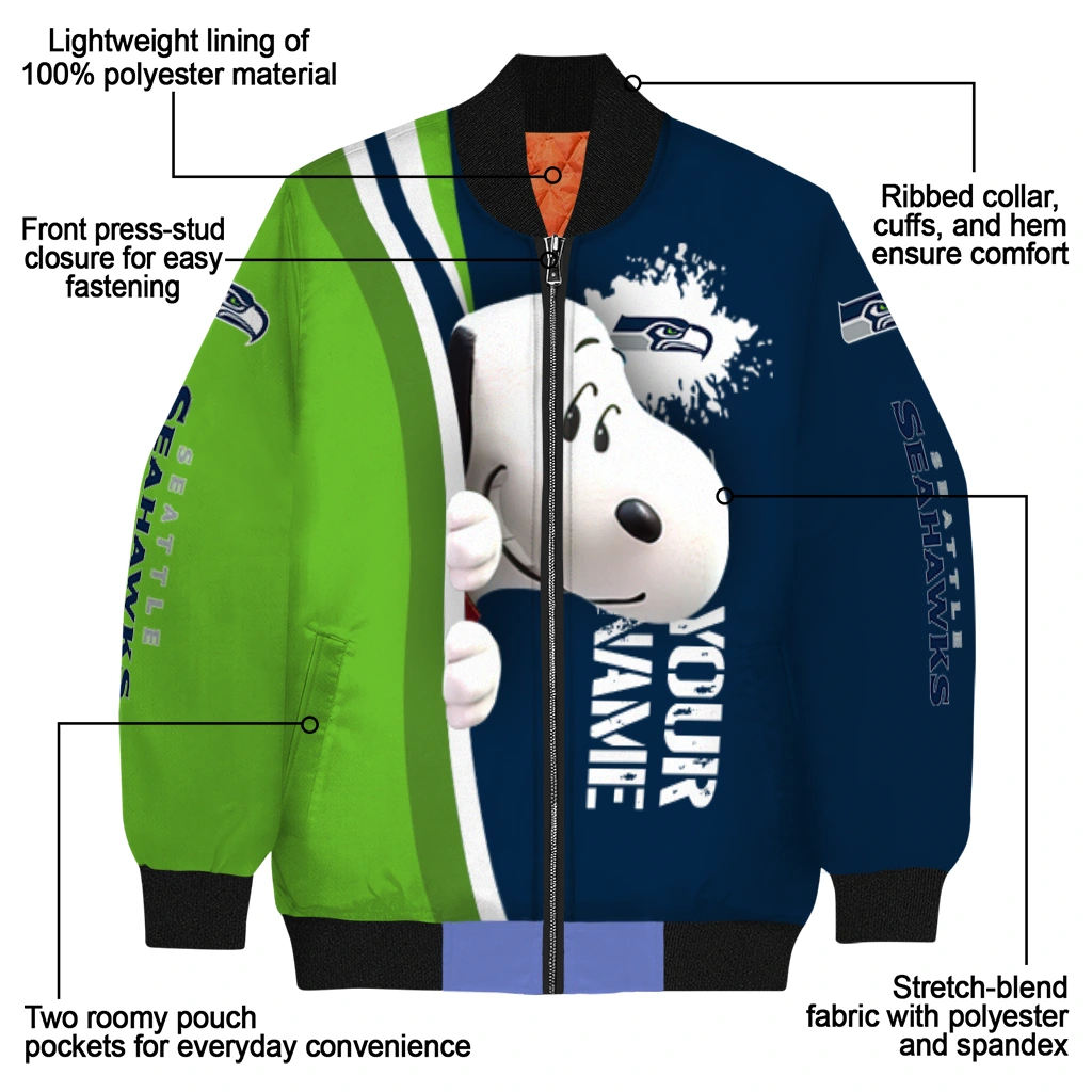 personalized seattle seahawks snoopy head blue bomber jacket new arrival personalized seattle seahawks snoopy head blue bomber jacket new arrival