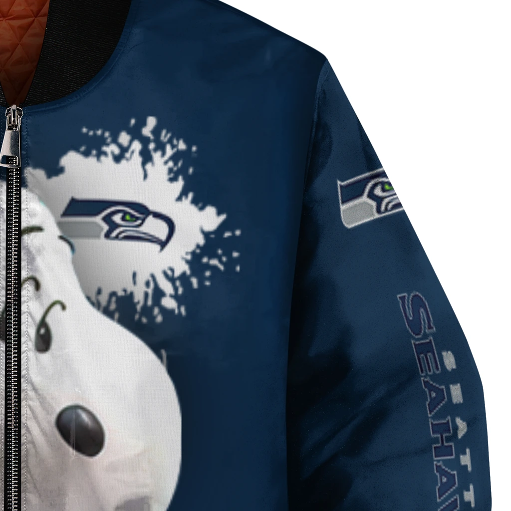 personalized seattle seahawks snoopy head blue bomber jacket premium grade personalized seattle seahawks snoopy head blue bomber jacket premium grade