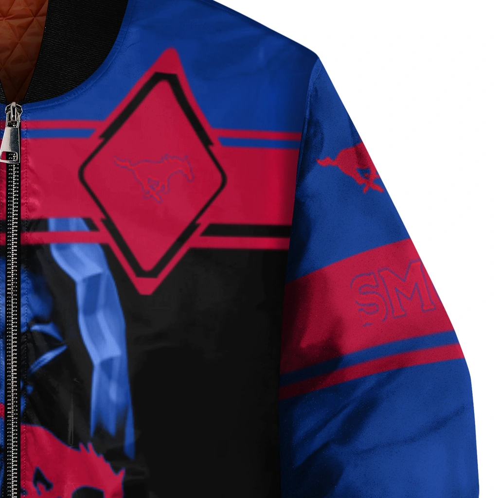personalized smu mustangs reaper hands blue black bomber jacket premium grade personalized smu mustangs reaper hands blue black bomber jacket premium grade