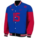 personalized smu mustangs team patch blue varsity jacket best selling