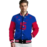personalized smu mustangs team patch blue varsity jacket best selling