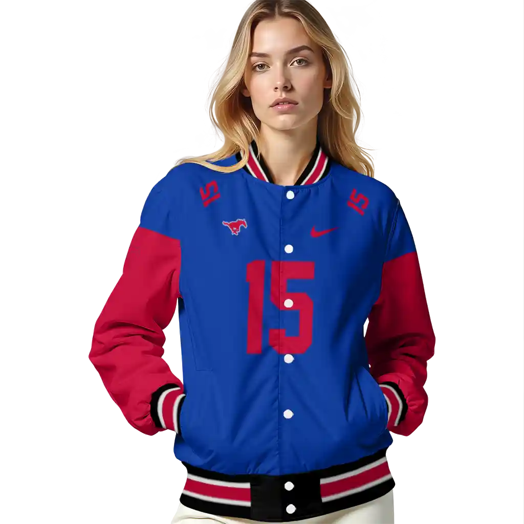 personalized smu mustangs team patch blue varsity jacket latest model personalized smu mustangs team patch blue varsity jacket latest model