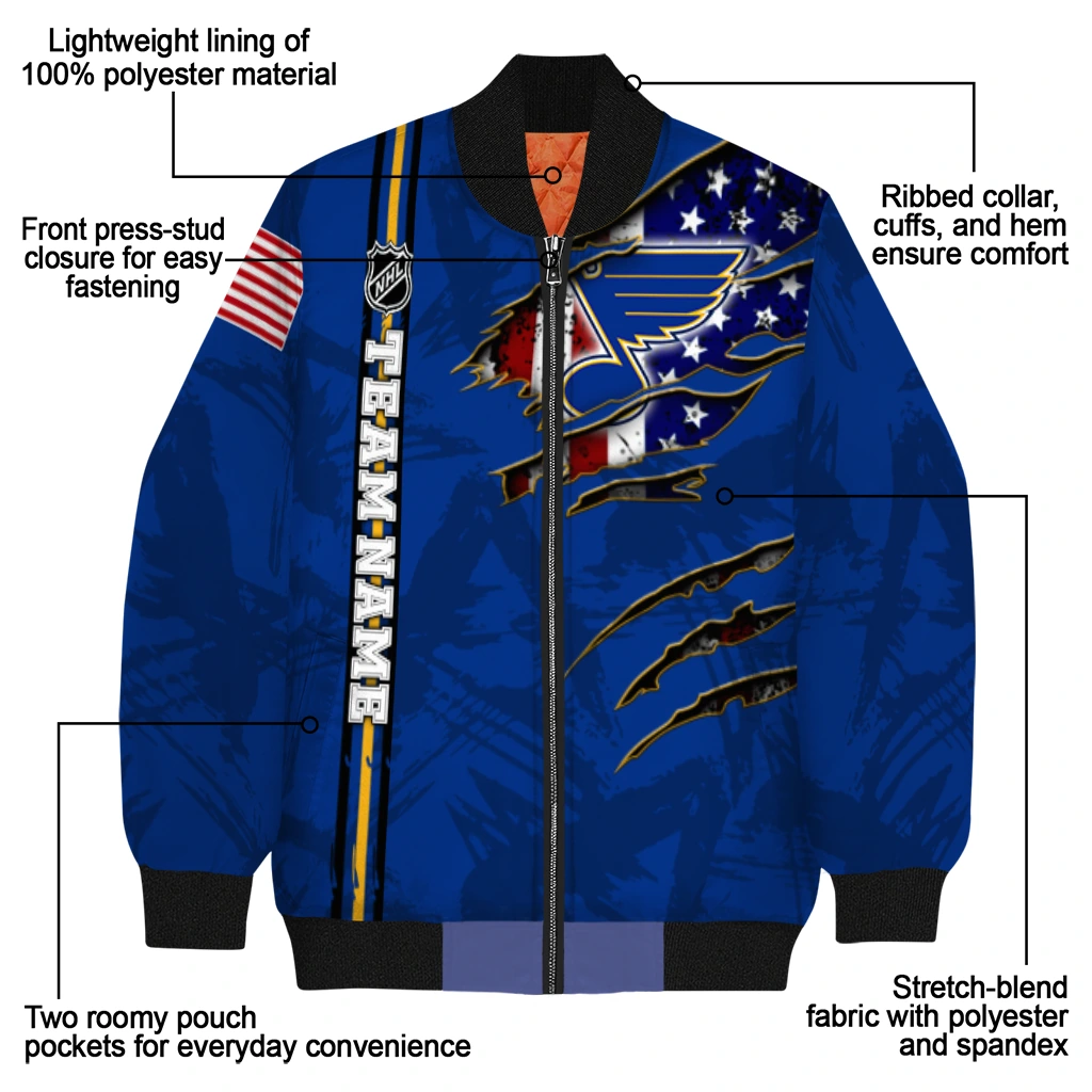 personalized st louis blues usa flag rips blue bomber jacket new arrival personalized st louis blues usa flag rips blue bomber jacket new arrival