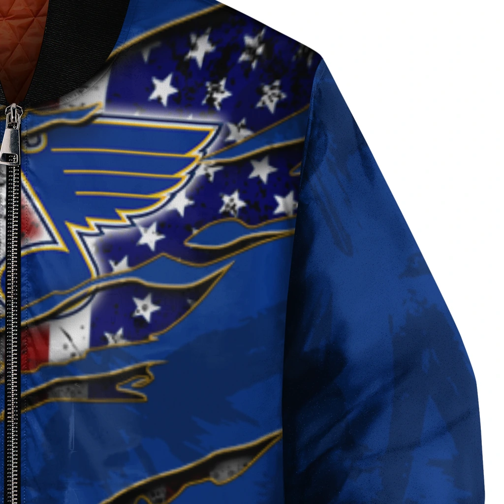 personalized st louis blues usa flag rips blue bomber jacket premium grade personalized st louis blues usa flag rips blue bomber jacket premium grade