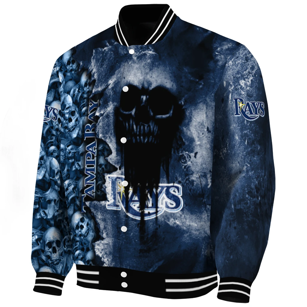 personalized tampa bay rays skull cluster navy varsity jacket best selling personalized tampa bay rays skull cluster navy varsity jacket best selling