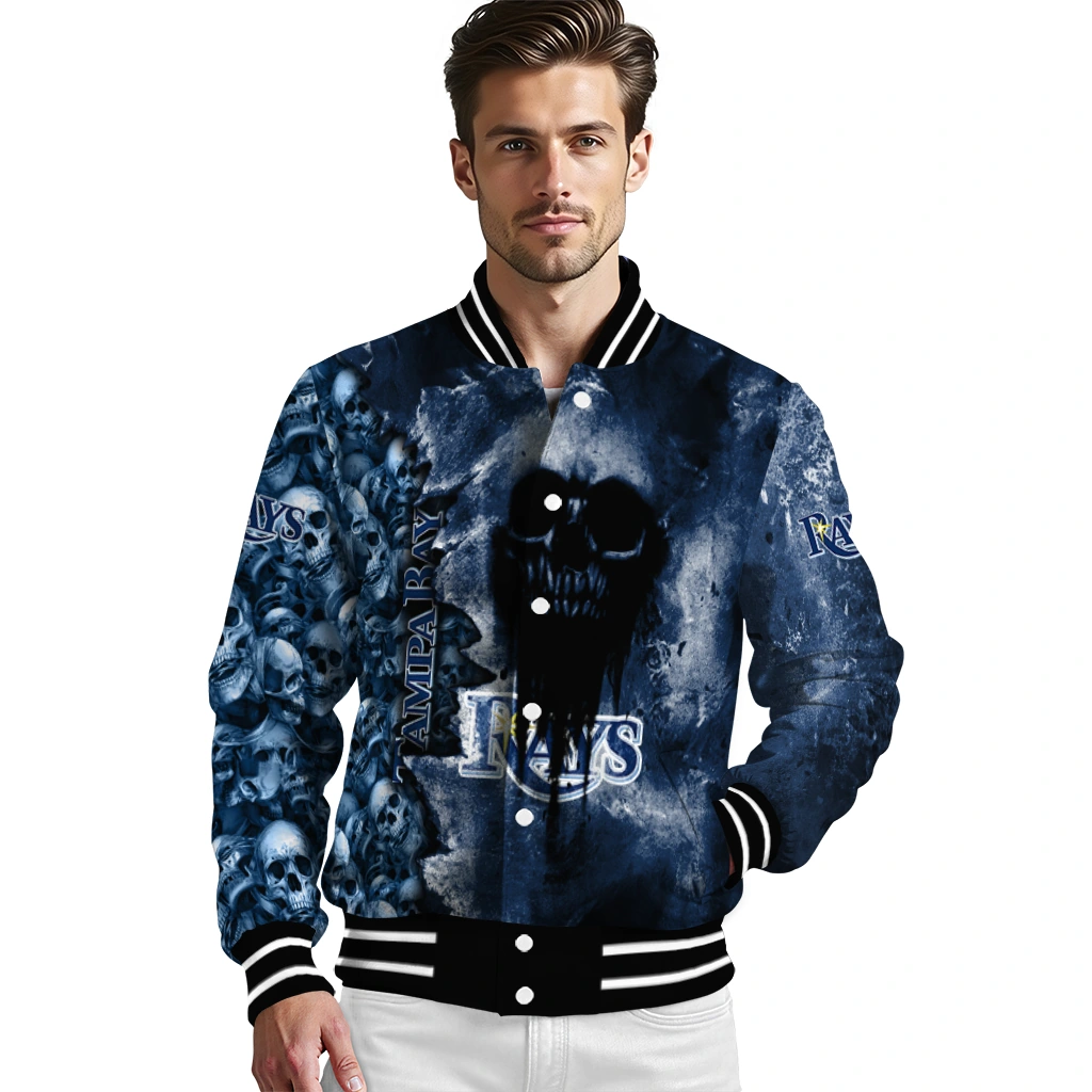 personalized tampa bay rays skull cluster navy varsity jacket high quality personalized tampa bay rays skull cluster navy varsity jacket high quality