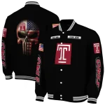 personalized temple owls american flag skull black varsity jacket best selling