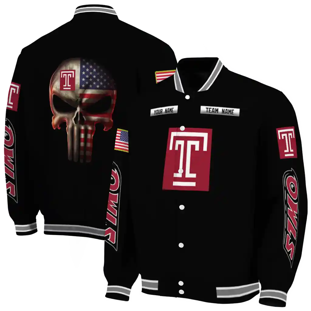 personalized temple owls american flag skull black varsity jacket fashion forward personalized temple owls american flag skull black varsity jacket fashion forward