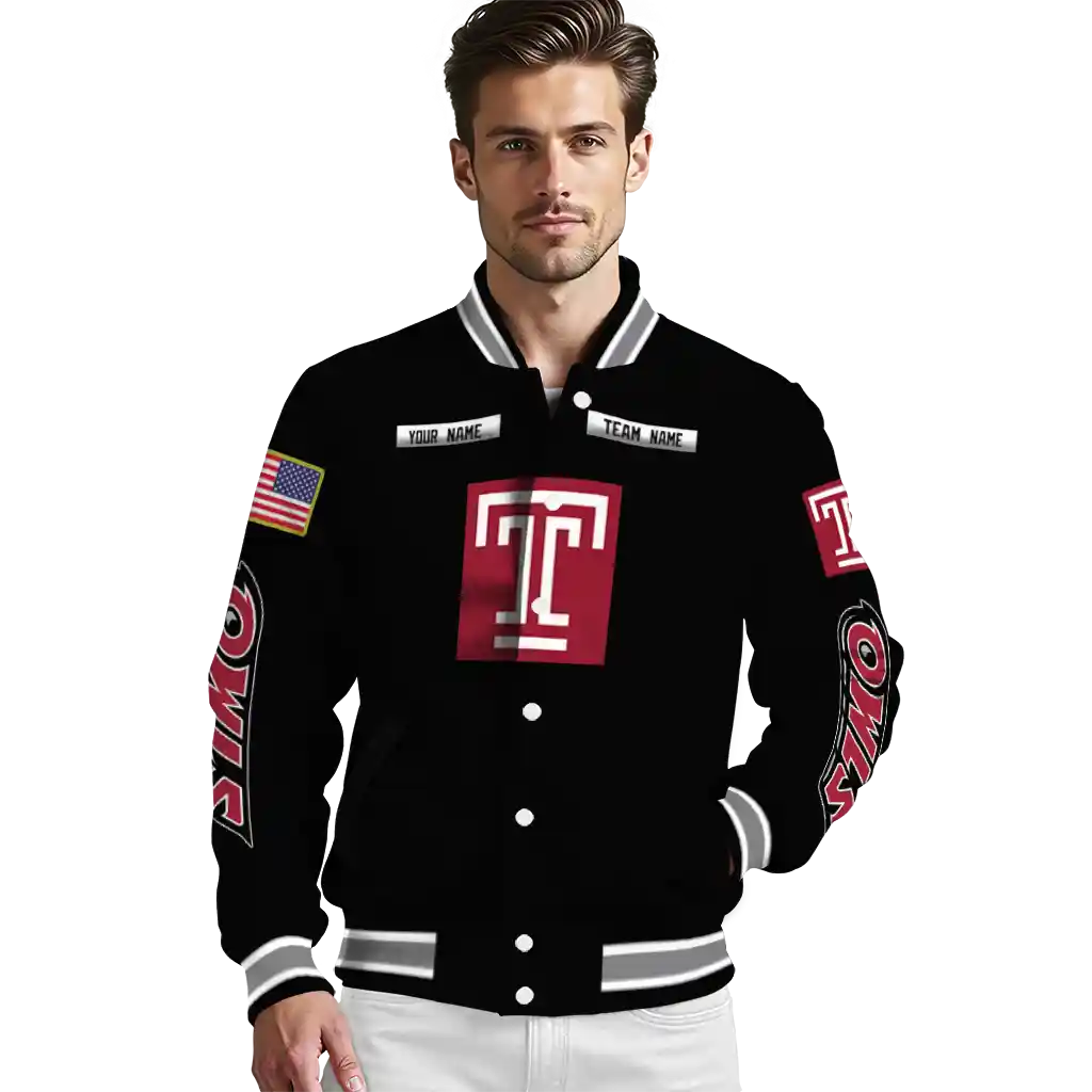 personalized temple owls american flag skull black varsity jacket high quality personalized temple owls american flag skull black varsity jacket high quality