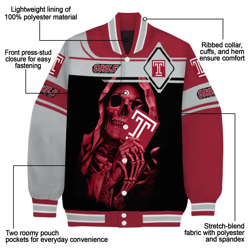 personalized temple owls reaper hands red black varsity jacket new arrival personalized temple owls reaper hands red black varsity jacket new arrival