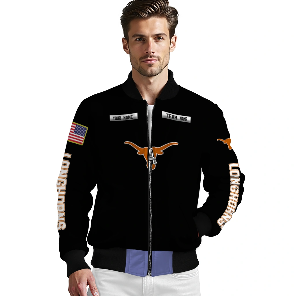 personalized texas longhorns american flag skull black bomber jacket high quality personalized texas longhorns american flag skull black bomber jacket high quality