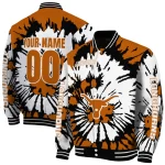 personalized texas longhorns burst splatter orange varsity jacket best selling