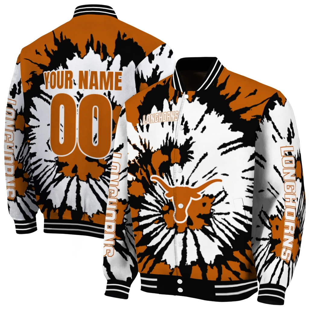 personalized texas longhorns burst splatter orange varsity jacket fashion forward personalized texas longhorns burst splatter orange varsity jacket fashion forward