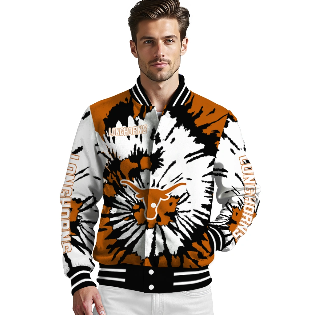 personalized texas longhorns burst splatter orange varsity jacket high quality personalized texas longhorns burst splatter orange varsity jacket high quality