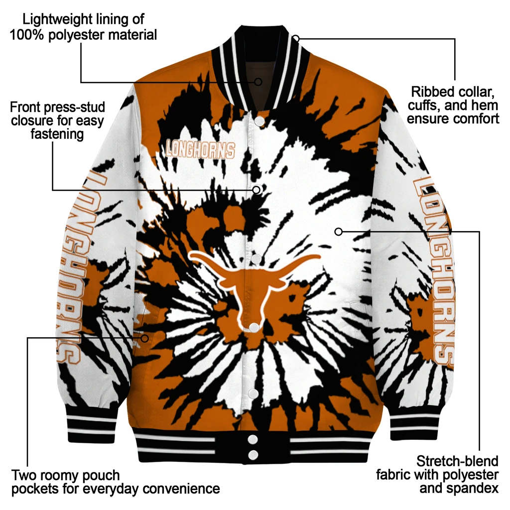 personalized texas longhorns burst splatter orange varsity jacket new arrival personalized texas longhorns burst splatter orange varsity jacket new arrival
