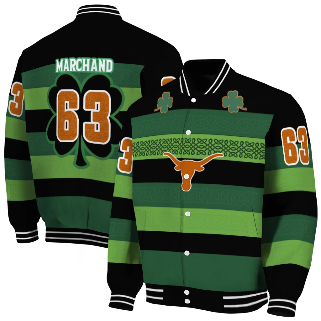 personalized texas longhorns clover green lines green black varsity jacket fashion forward personalized texas longhorns clover green lines green black varsity jacket fashion forward