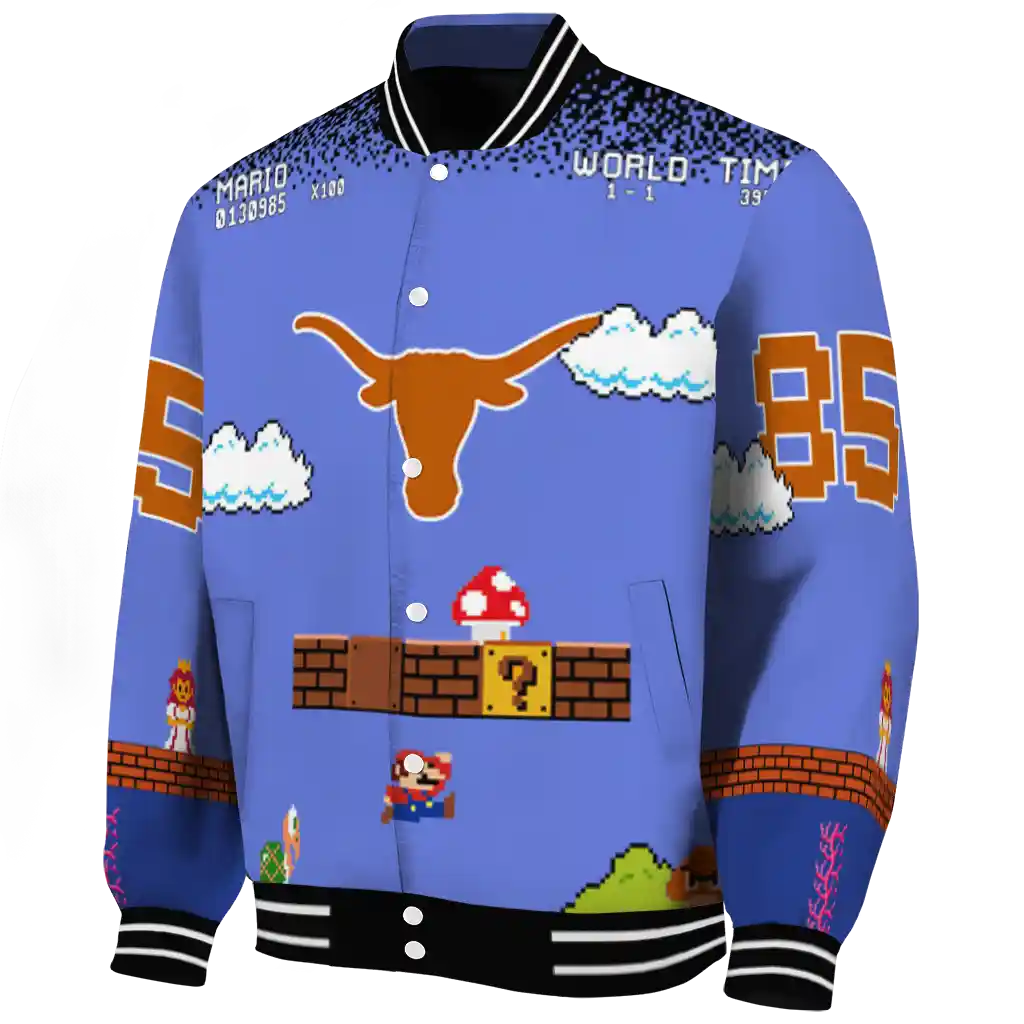personalized texas longhorns mario blocks blue black varsity jacket best selling personalized texas longhorns mario blocks blue black varsity jacket best selling
