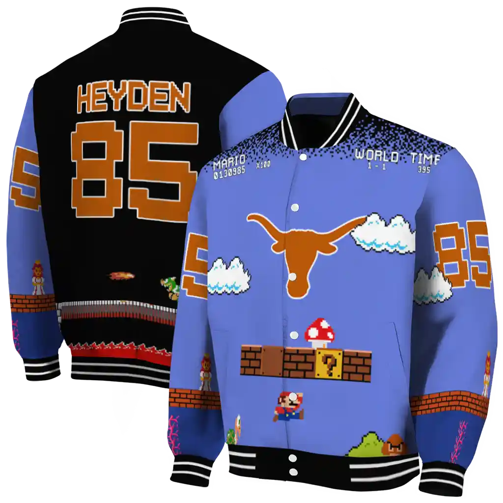 personalized texas longhorns mario blocks blue black varsity jacket fashion forward personalized texas longhorns mario blocks blue black varsity jacket fashion forward