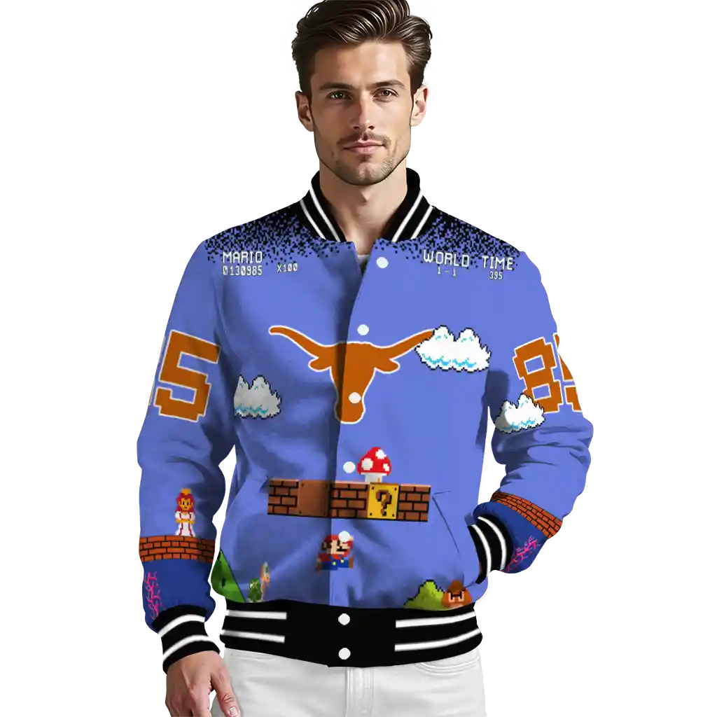 personalized texas longhorns mario blocks blue black varsity jacket high quality personalized texas longhorns mario blocks blue black varsity jacket high quality