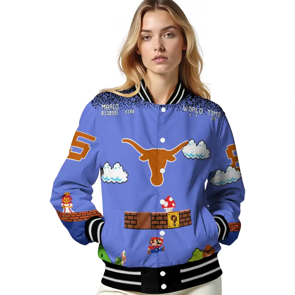 personalized texas longhorns mario blocks blue black varsity jacket latest model personalized texas longhorns mario blocks blue black varsity jacket latest model