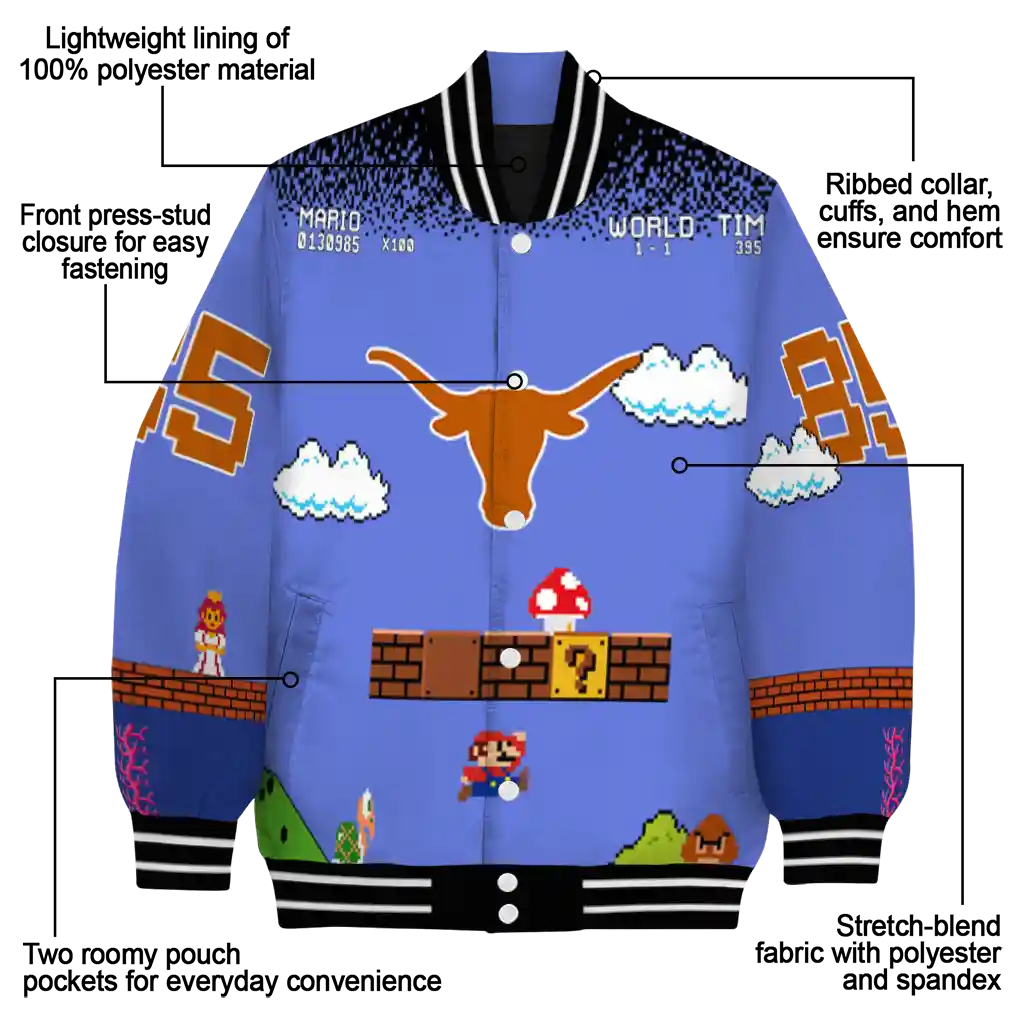 personalized texas longhorns mario blocks blue black varsity jacket new arrival personalized texas longhorns mario blocks blue black varsity jacket new arrival